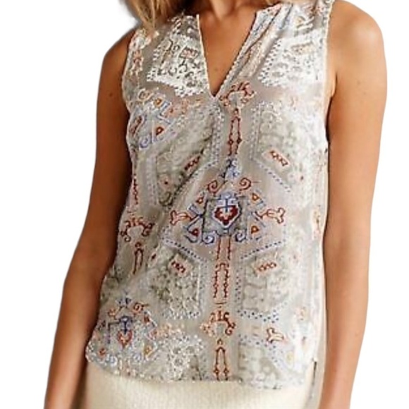 ANTHROPOLOGIE HD in Paris Grey Blue Rust Metallic Velvet Burnout Top Size Small - Picture 1 of 11